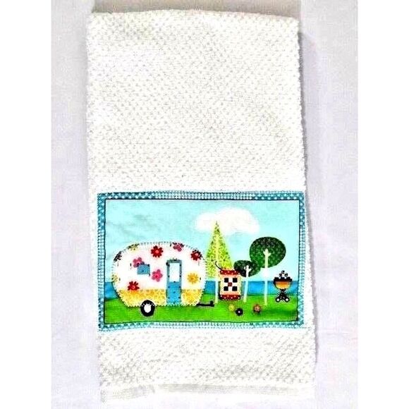 Retro Floral Trailer Camper Kitchen Towel Handmade Applique White Cotton Gift - Picture 1 of 3